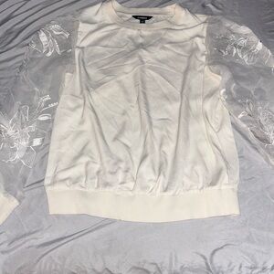 EXPRESS Sheer Floral Organza Sleeve Crew Neck White Top